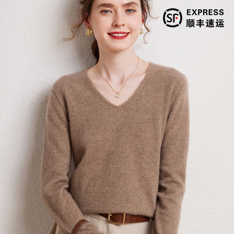 不挑人！【基础款V领】一线成衣纯山羊绒12针 宽松韩版纯色打底