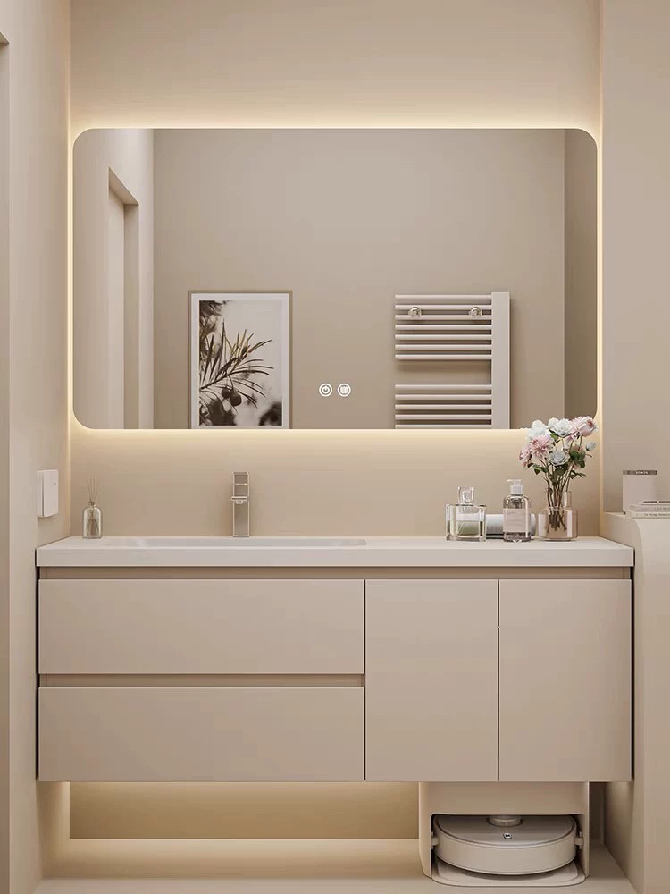 奶油风浴室柜岩板陶瓷一体盆卫生间洗漱台浴室陶瓷一体盆