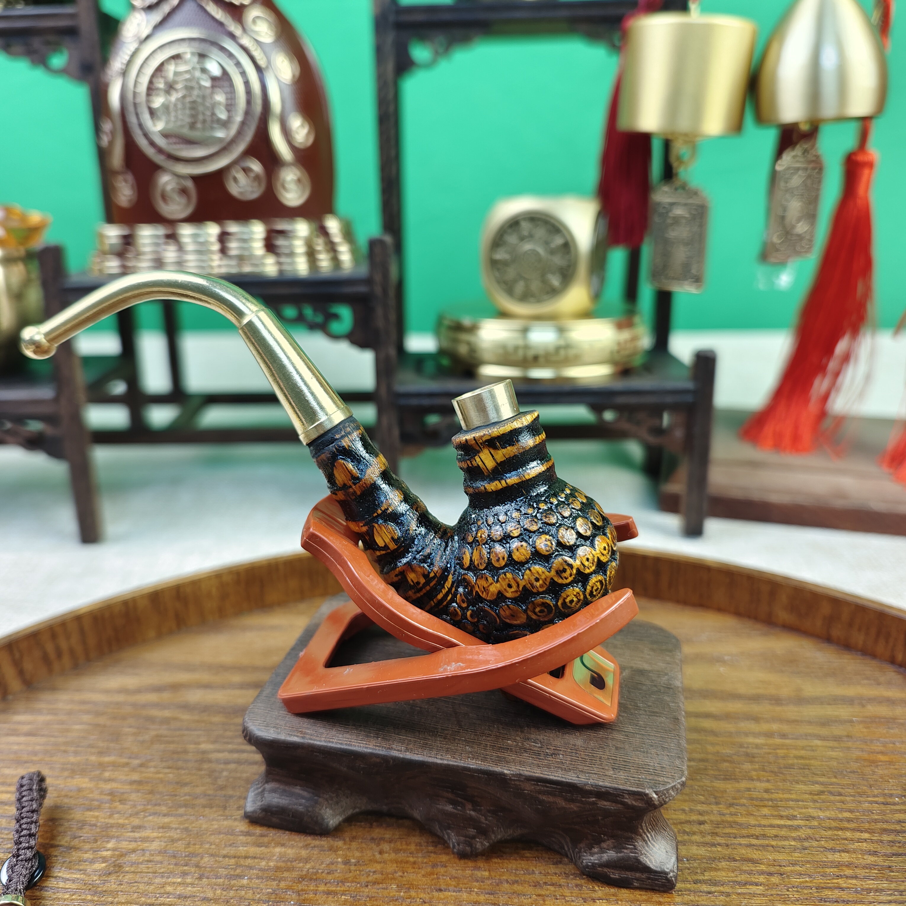 贵州民间烟斗实心竹雕刻黑色小一体一把抓十二公分左右三用火口