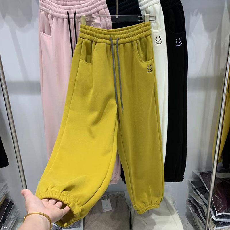 欧货笑脸加绒保暖束脚运动裤女2025冬季新款高腰百搭抽绳休闲卫裤