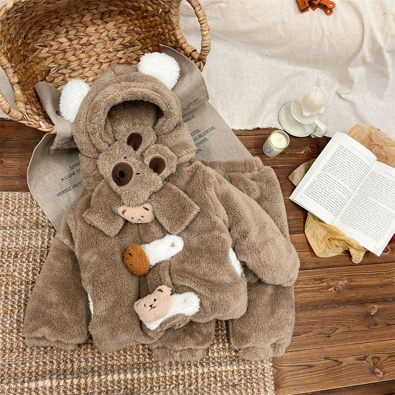 儿童家居服男女童冬款卡通居家服宝宝保暖加绒加厚家居服三件套