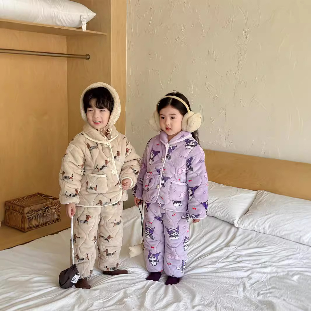 儿童三层夹棉加厚加绒睡衣a类套装男女童保暖卡通儿童家居服冬季