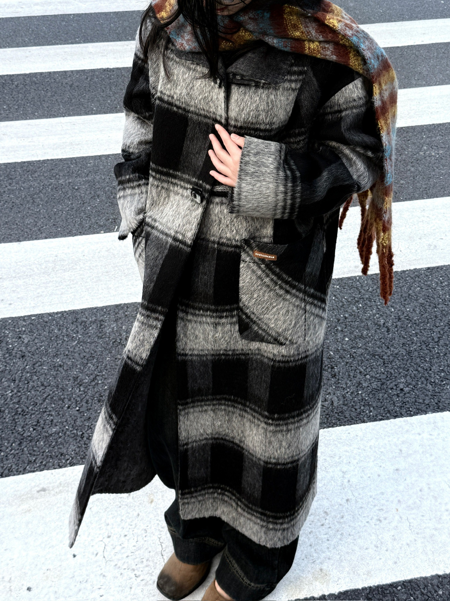 不秋韩版黑白格大衣