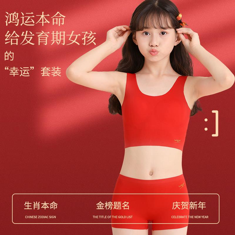 FAVMARTHA女童本命年内衣内裤套装2024新年龙年发育期女孩红色少