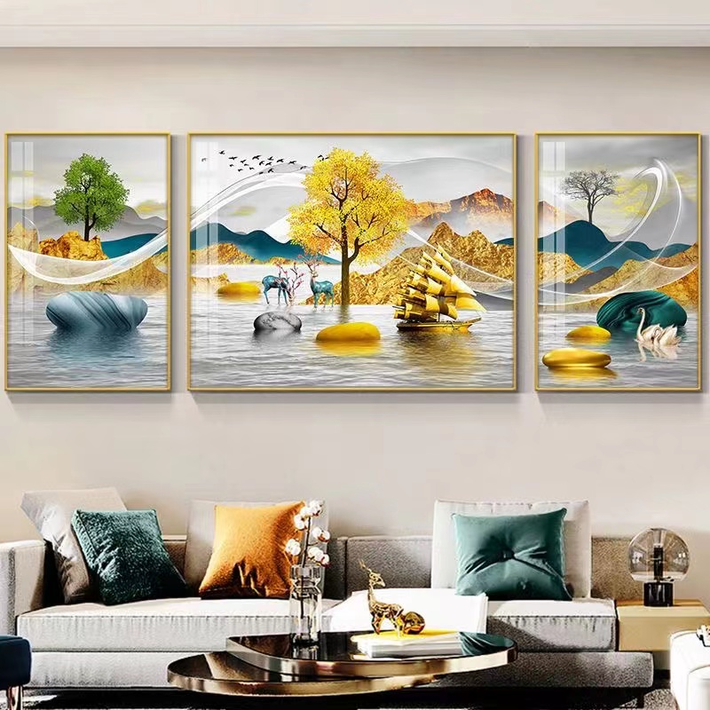 【绿水金山】客厅装饰画挂画沙发背景三联画晶瓷镶钻画 快递包邮