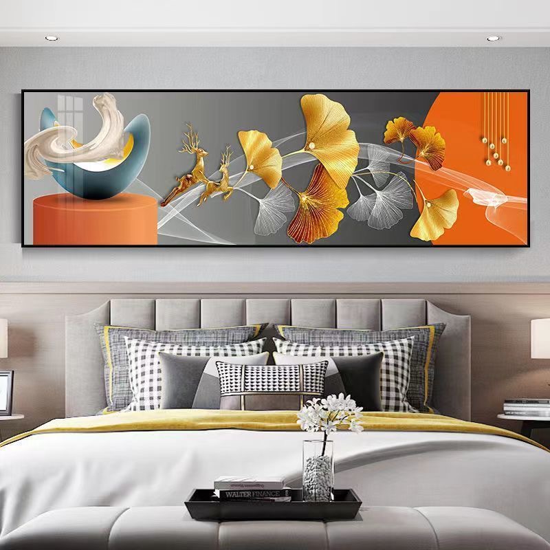 2B【水墨】床头画轻奢简约卧室床头装饰画立体镶钻晶瓷画横版