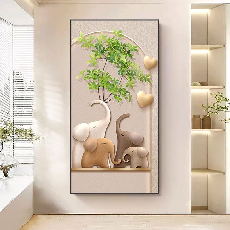 2024清新奶油风玄关装饰画吉象如意现代走廊过道挂画福鹿生财壁画