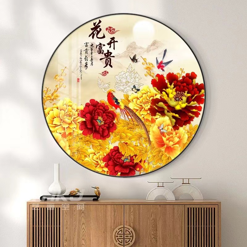 【圆形画】新中式抽象装饰画走廊玄关单画晶瓷镶钻圆形客厅茶室画