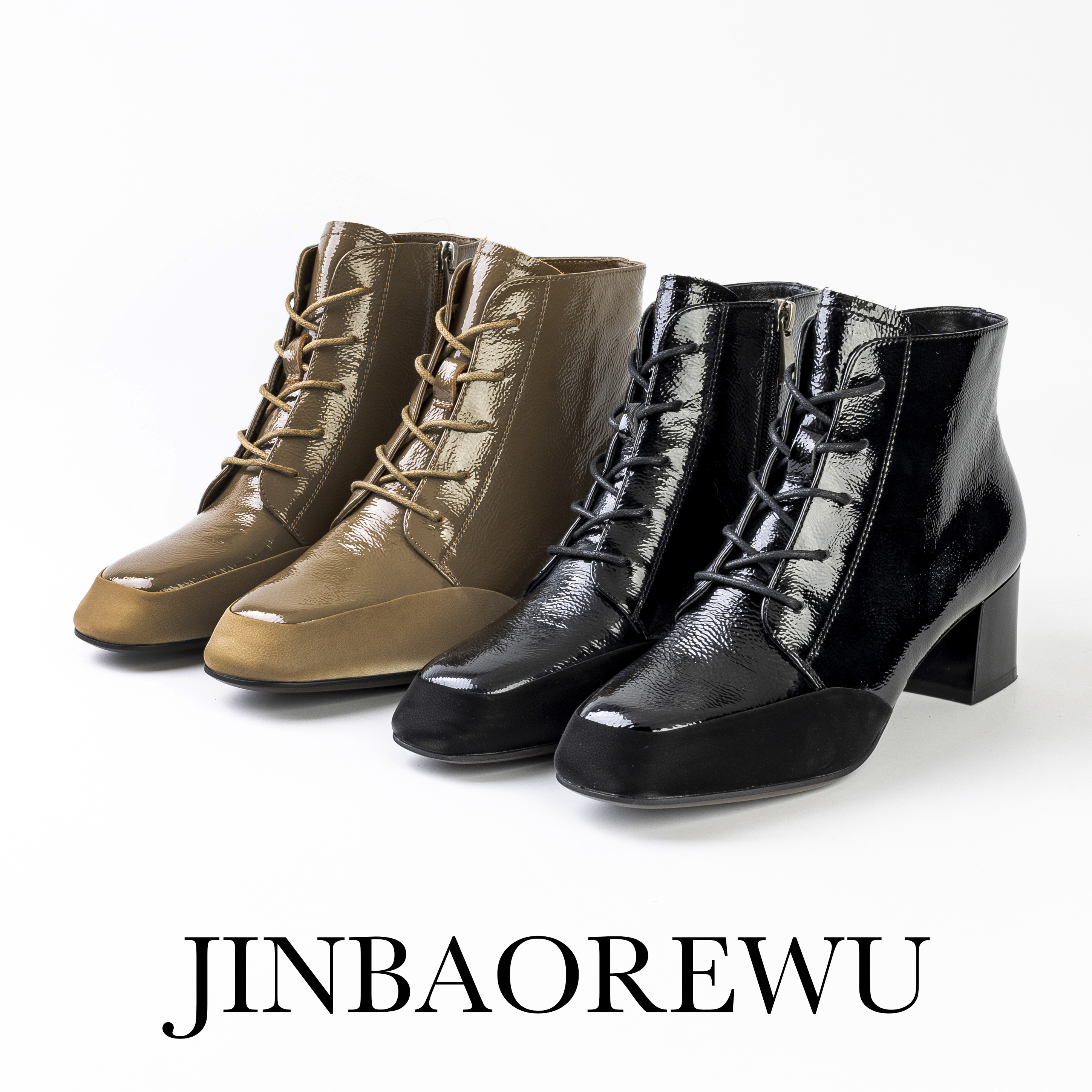 JINBAOREWU2023秋冬新款时尚百搭方头英伦风粗跟马丁靴侧拉链