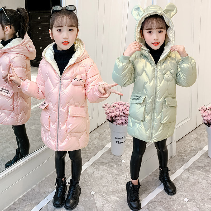 女童棉衣冬装2023新款韩版中大童洋气外穿加绒棉袄中长款连帽棉服