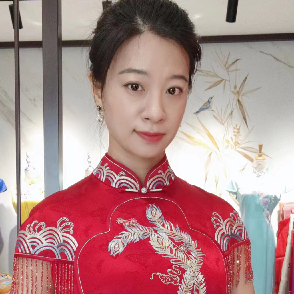 六礼17681酒红色连衣裙绣花烫钻国风旗袍长款