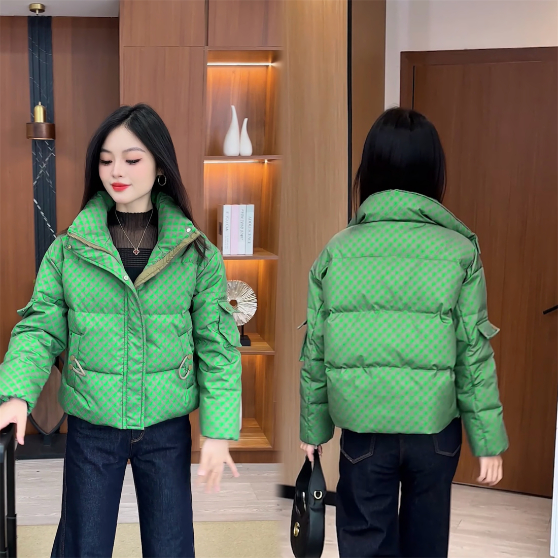 【婉星儿品牌】网红短款时尚休闲千鸟格子保暖韩版冬季棉衣女士加厚