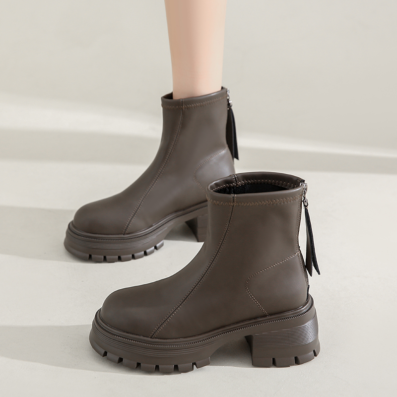 显瘦百搭厚底短靴女士踝靴2023新款防水台圆头粗跟后拉链秋冬棉靴