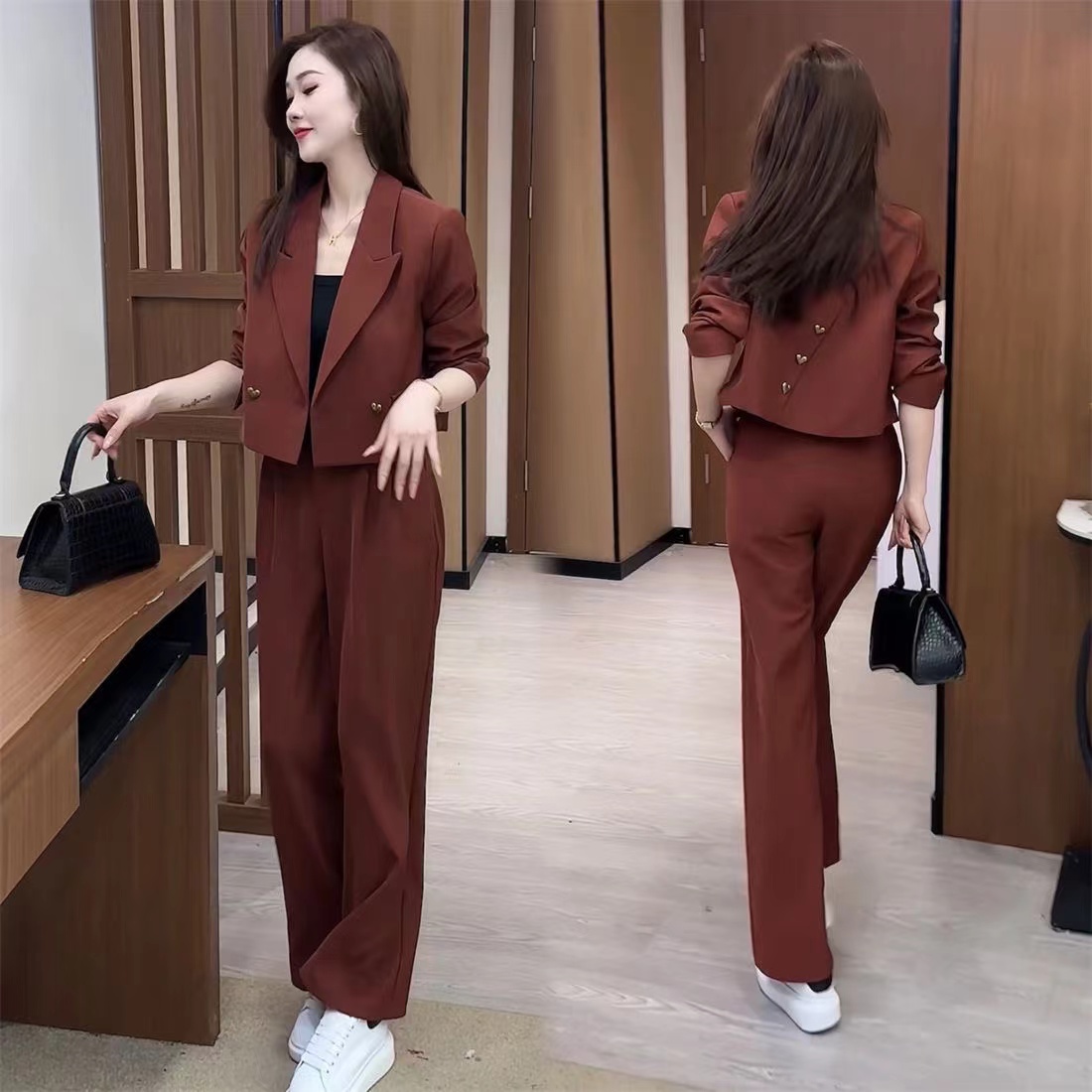 8086洋气小西装套装女春秋新款气质减龄上衣宽松显瘦直筒裤两件套