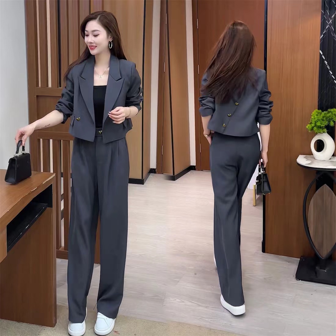 小西装套装女2025春秋新款时尚网红气质洋气小个子职业阔腿两件套