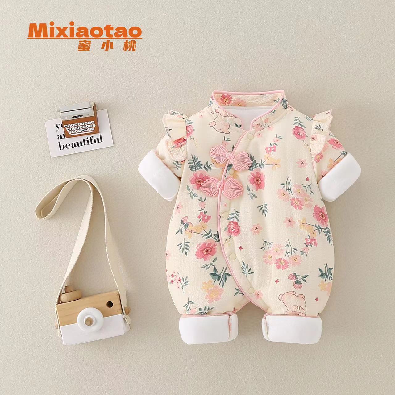 新款鲜花点薄棉连体衣加厚夹棉秋冬款哈衣宝宝婴儿幼儿爬服