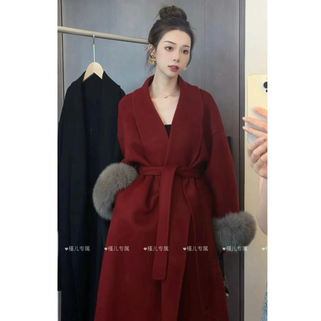 【一抹红】2024秋冬新款狐狸袖毛款双面羊毛大衣中长款毛呢外套
