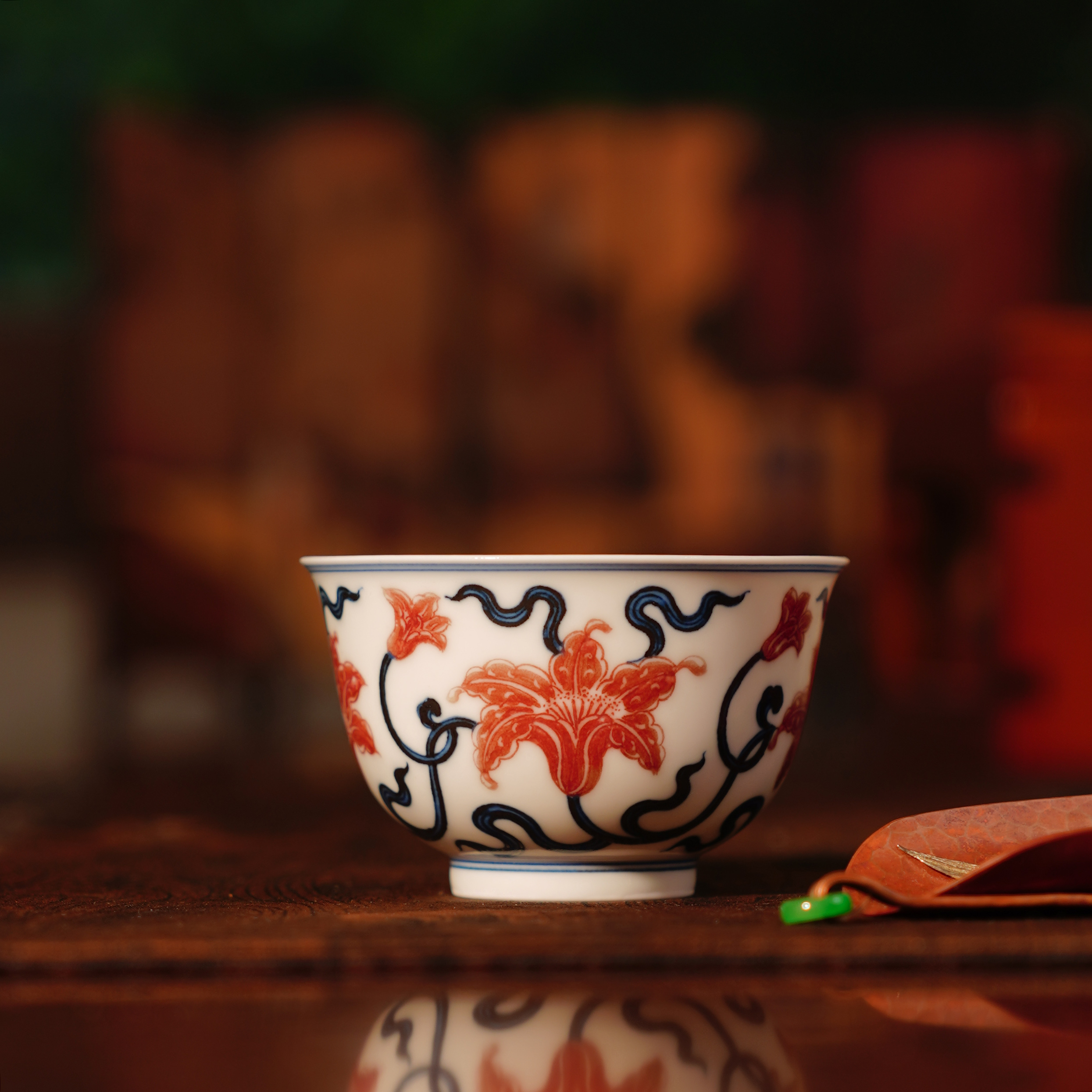 勤义堂  青花釉里红萱草纹撇口杯 陶瓷喝中式茶品茗全手工 QYT796