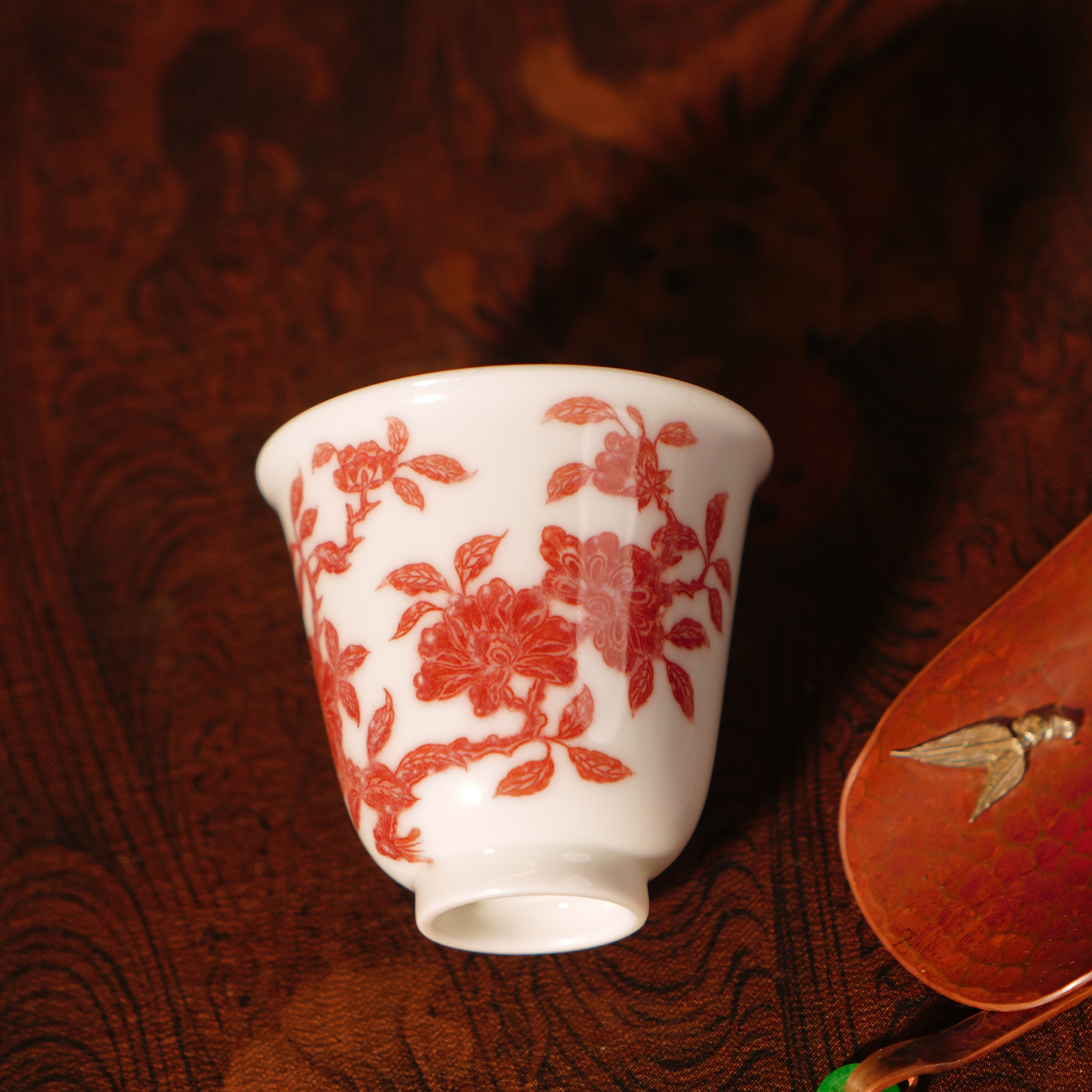 勤义堂 釉里红山茶花闻香杯 瓷中式茶品茗纯手绘手工主人杯QYT798