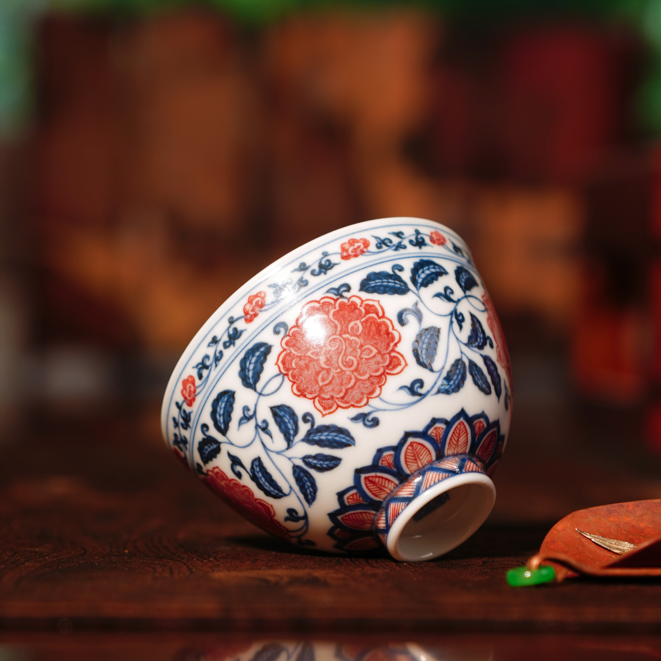 勤义堂 青花釉里红缠枝牡丹鸡心杯 家用陶瓷纯手工喝茶品茗QYT808