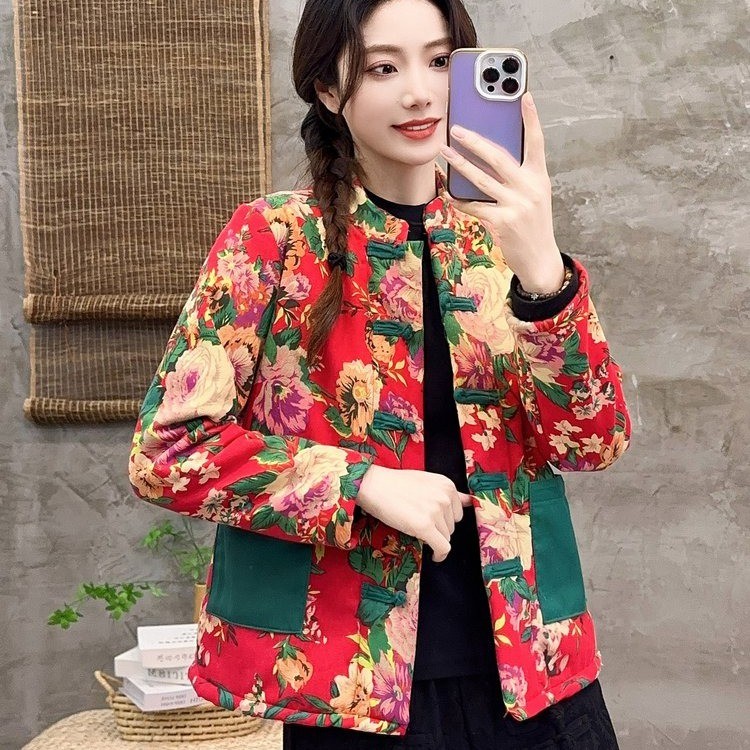 新款加绒春秋款民族风妈妈装东北大花中年对襟盘扣撞色女棉麻外套