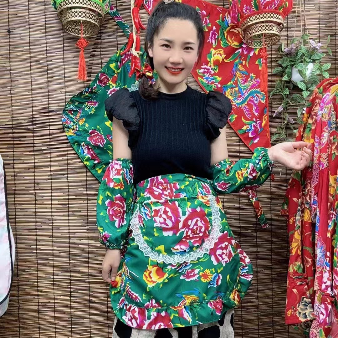 东北大花花布半身双层棉布围裙厨房家用夏季薄款餐厅民族半截围腰
