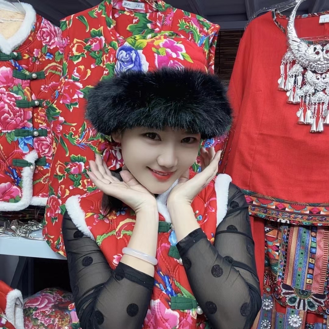 中国风东北大花布毛绒盆帽男女秋冬新款加厚加绒渔夫帽保暖护耳帽