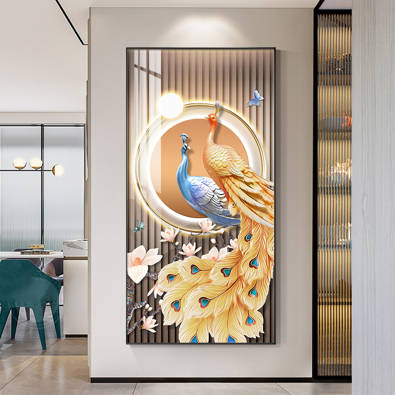 【卡亚洛】孔雀入户玄关大气立体镶嵌轻奢玄关装饰画竖款