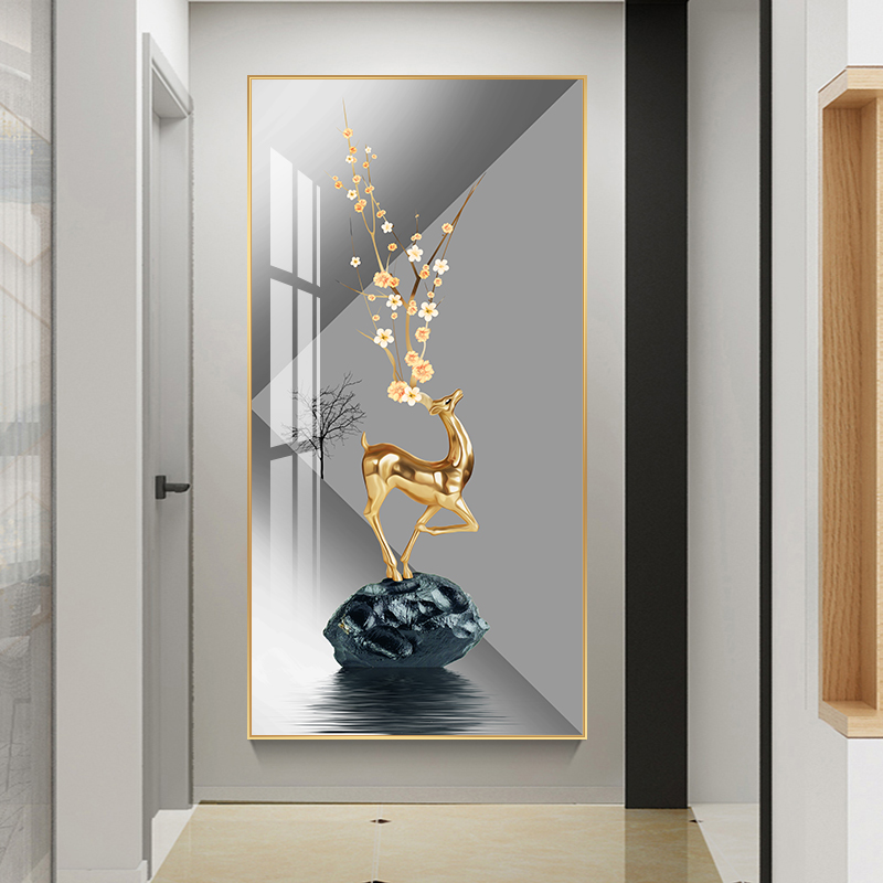 金鹿踏石轻奢玄关装饰画现代简约入户正对进门走廊过道挂画壁画