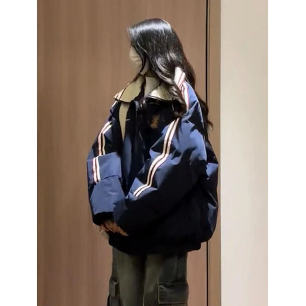 韩版撞色潮牌字母刺绣条纹棉服女冬季新款复古宽松学生外套面包服