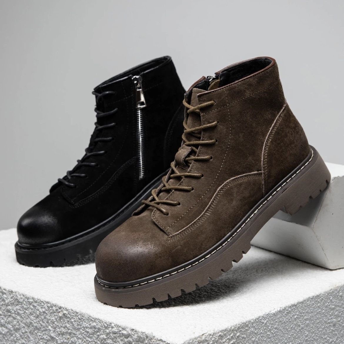 英伦风休闲马丁皮靴男士系带厚底复古高级感百搭靴子黑色高帮皮鞋