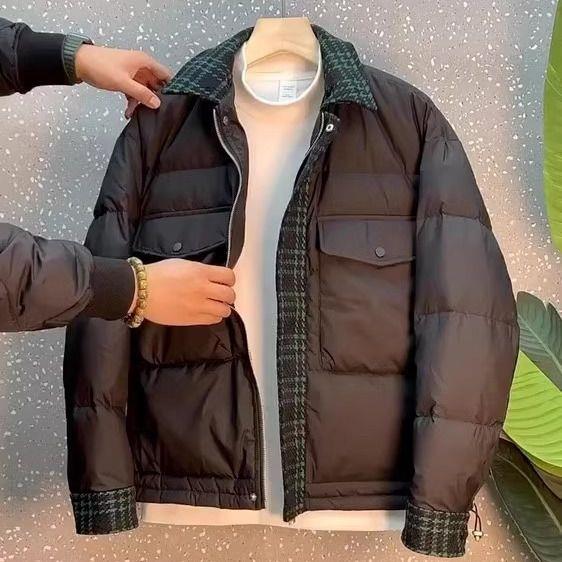 冬季千鸟格拼接翻领羽绒服休闲时尚百搭美式工装保暖羽绒服