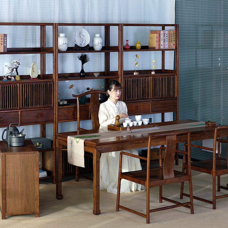 新中式北美黑胡桃全实木茶桌椅老榆木简约客厅餐桌书房书桌办公桌