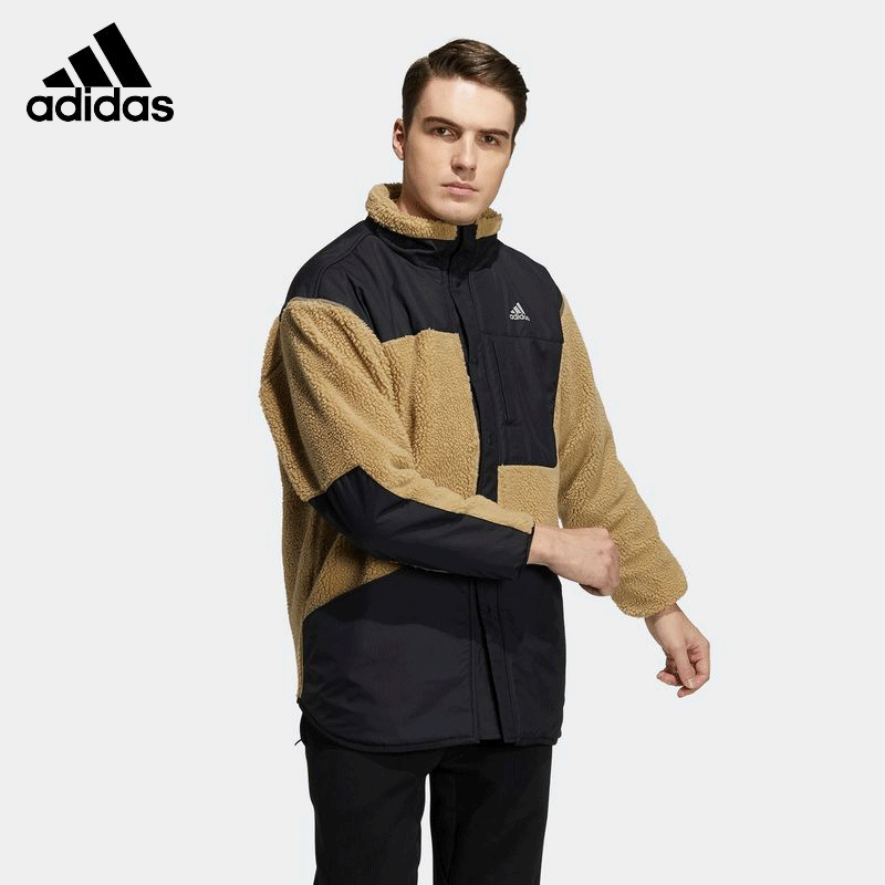 Adidas/阿迪达斯立领保暖羊羔绒拼接卡其运动夹克外套H40910