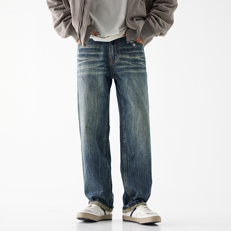 2024秋冬新款美式牛仔高街日系宽松直筒裤牛仔裤潮流潮裤蓝色