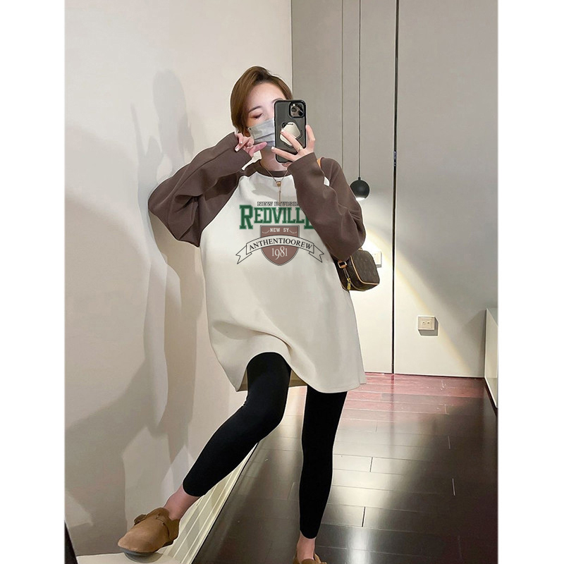 撞色加绒打底衫女秋冬内搭欧货大版中长款长袖t恤配鲨鱼裤的上衣
