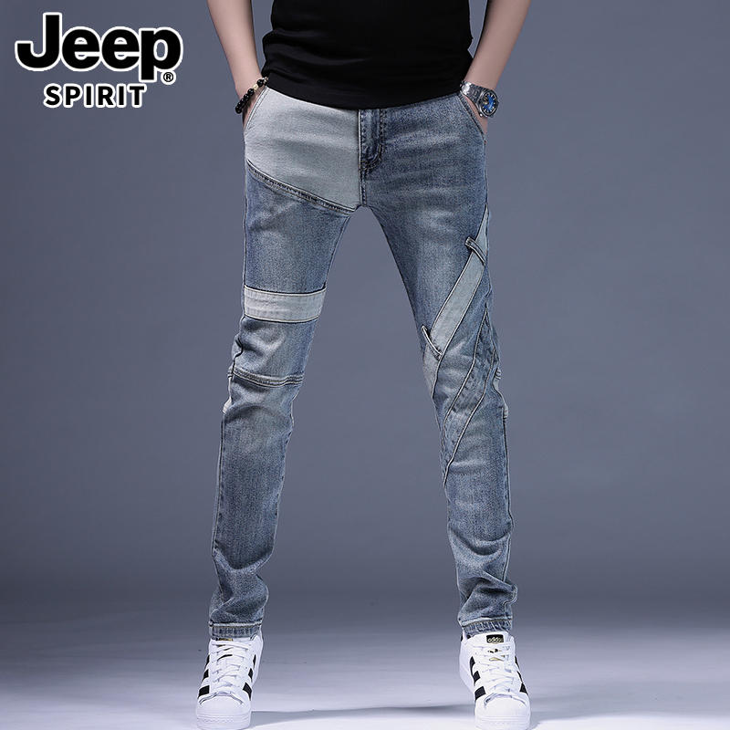 JEEPSPIRIT牛仔裤新款男士修身小脚裤子秋冬季个性拼接潮流休闲裤
