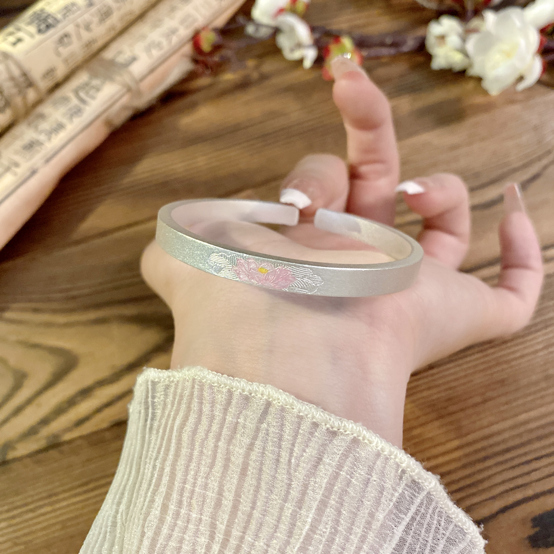 苗江月 足银手镯  睡莲古法开口银手镯 足银999.9 约29克 