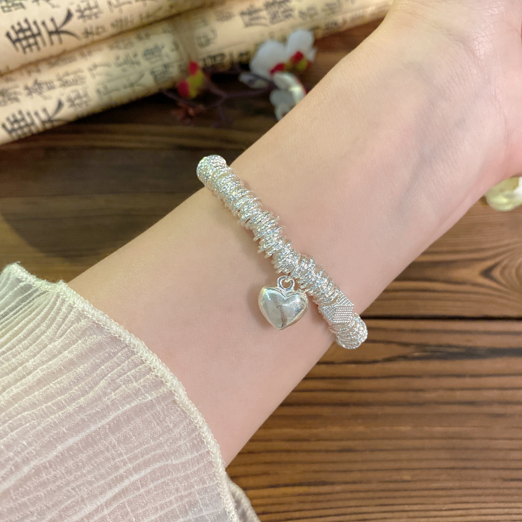 足银手链 足银 方糖小盘缠手串 足银手串