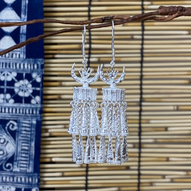 足银耳饰 足银 苗族特色牛角花丝耳坠