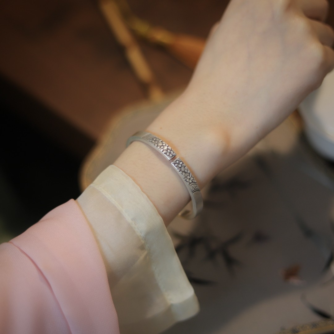 足银手镯 桃夭 银奶奶原创手工足银镯环复古文艺古法定情