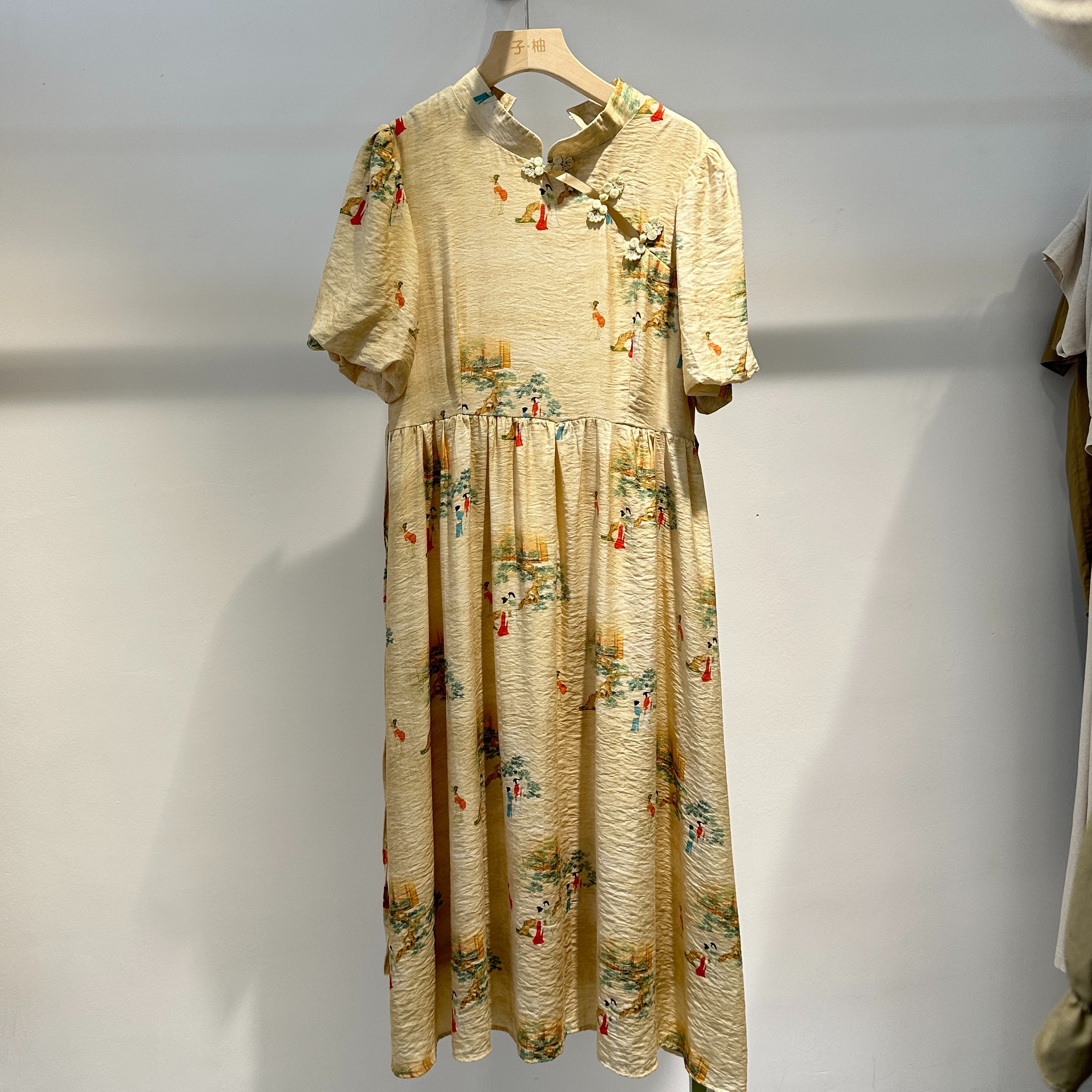 夏季复古中国风气质印花长款黄色新中式旗袍