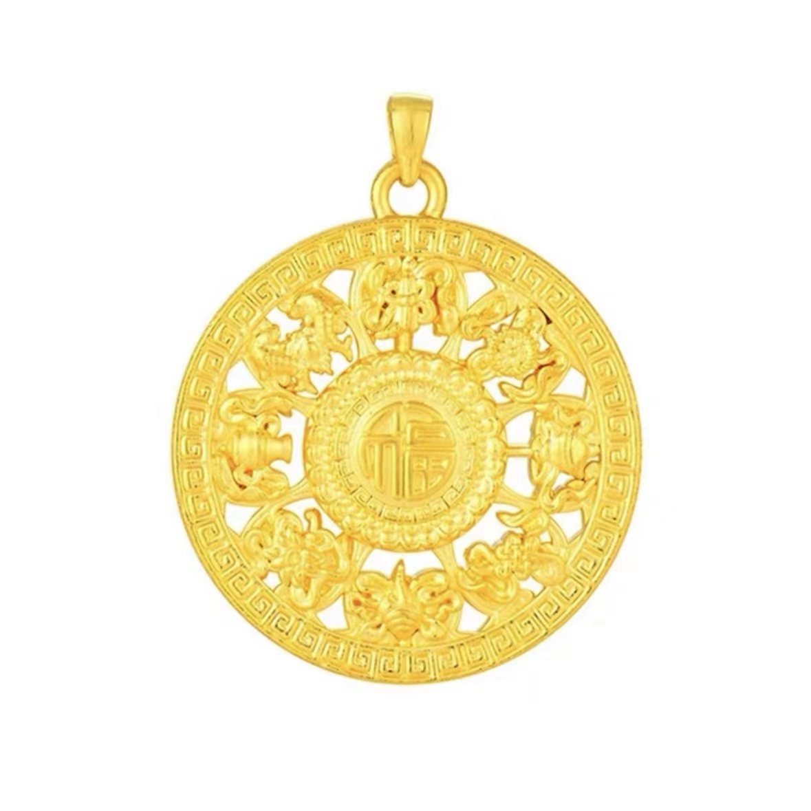 足金999 八宝罗盘吊坠精致百搭双面双面时尚挂坠挂坠精美手工金色