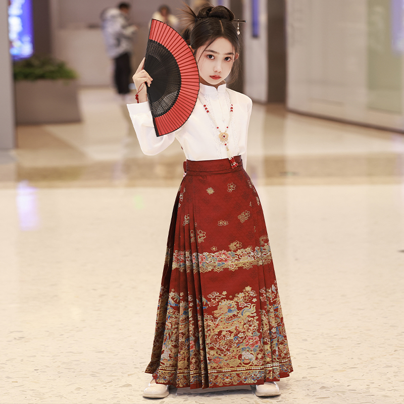 金玉麒麟单裙--儿童织金马面裙女童6-15岁春夏2024新款中国风高端