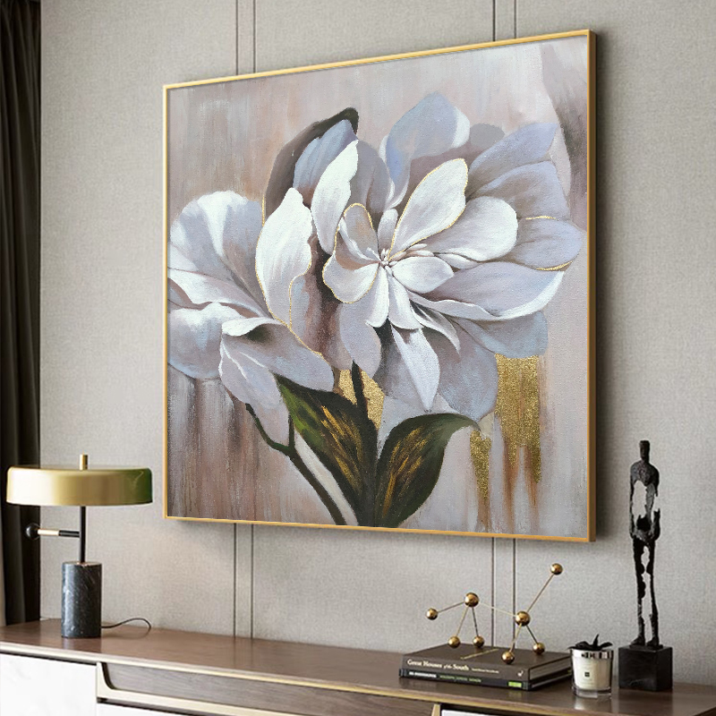 《鎏金牡丹》纯手绘油画正方形餐厅装饰画卧室玄关挂画美式轻奢壁画