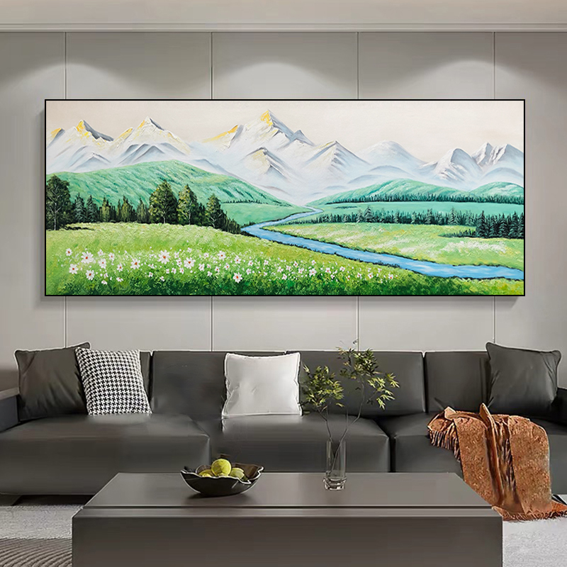 手绘油画客厅装饰画现代简约绿色风景横幅山水挂画背靠金山沙发画
