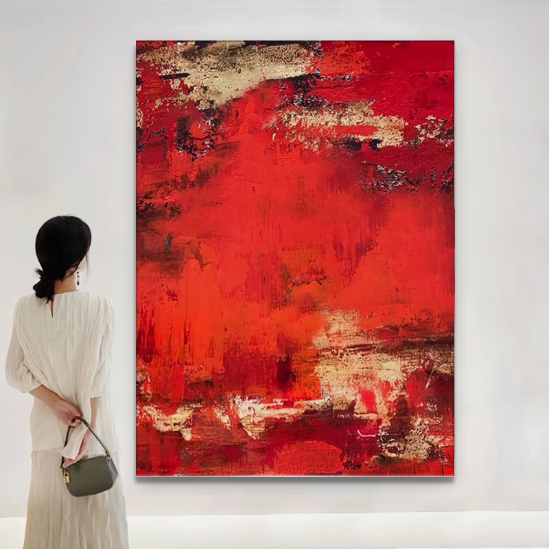 红色喜庆纯手绘油画过年金箔玄关抽象装饰画现代餐厅客厅背景挂画