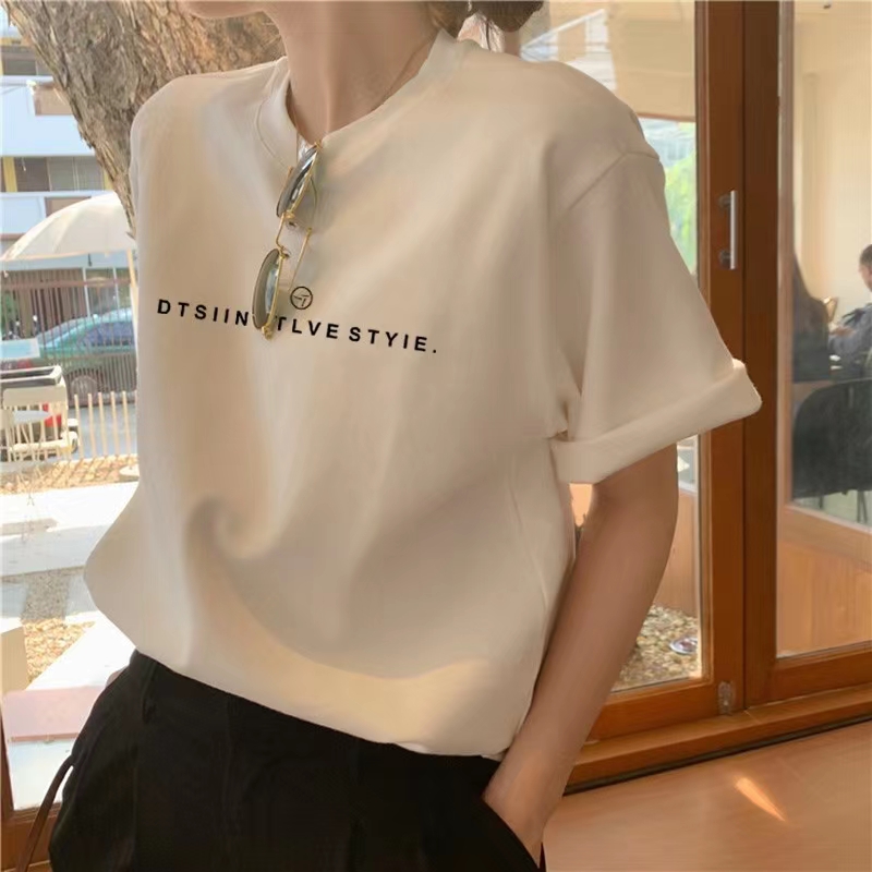 复古港味正肩纯棉白色短袖t恤女夏季设计感小众宽松显瘦洋气上衣
