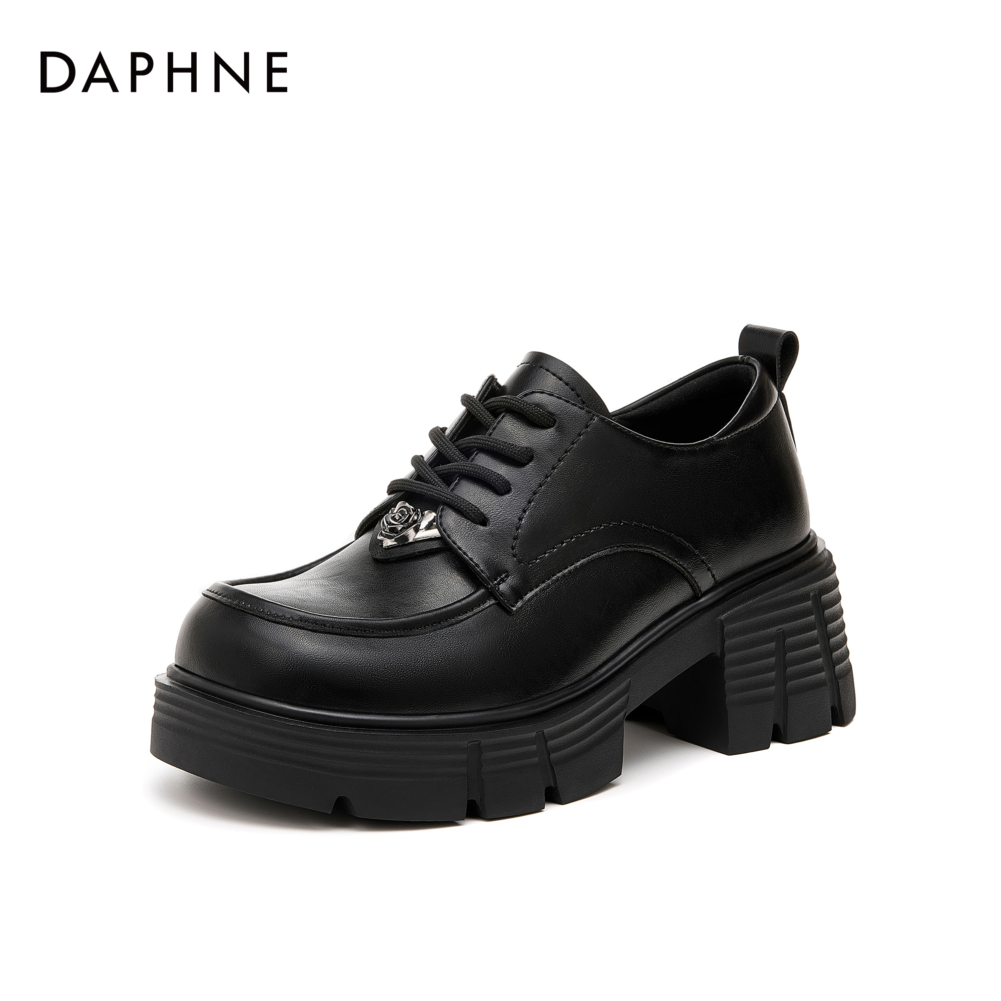 达芙妮女士时尚休闲百搭复古秋季英伦风粗跟系带圆头厚底乐福鞋