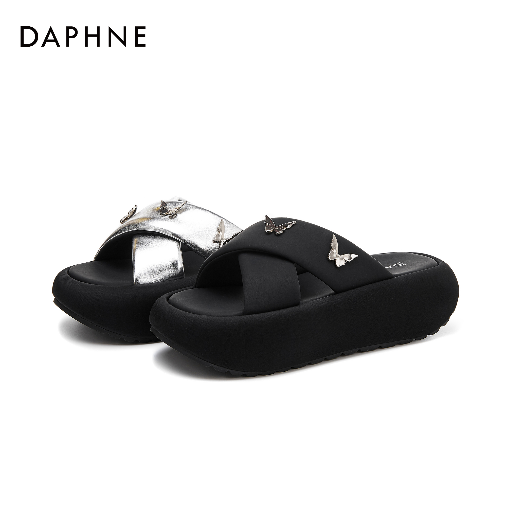 达芙妮夏季女款透气舒适百搭外穿可爱甜美少女风圆头厚底一字拖鞋